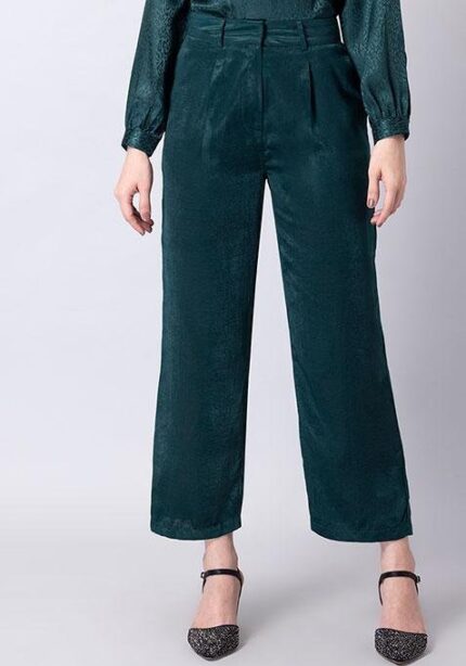 Green Satin Straight Trousers