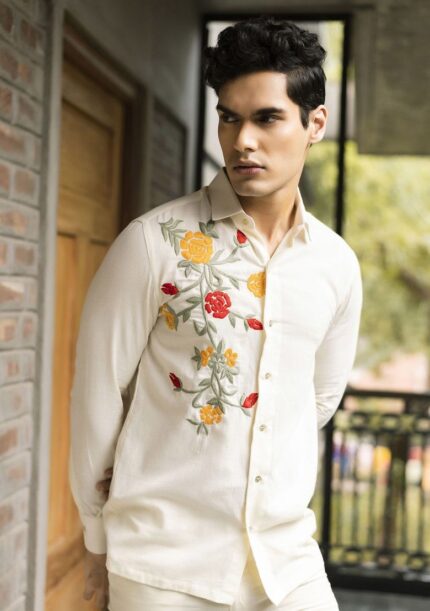 White Embroidered Handwoven Cotton Saad Shirt For Men
